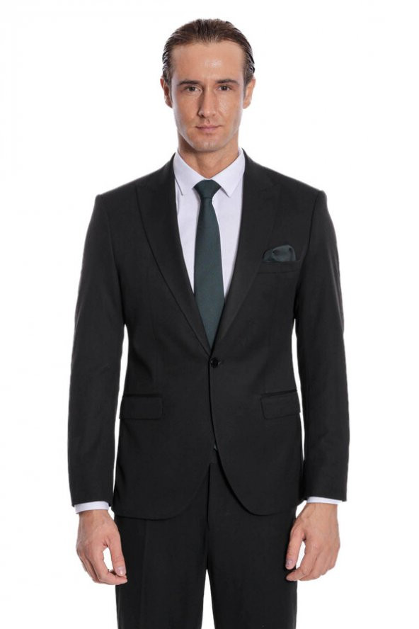 Desensiz İki Parça Slim Fit Siyah Erkek Takım Elbise - 8