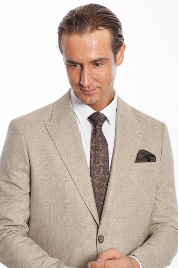 Desenli Slim Fit Krem Erkek Ceket - 2