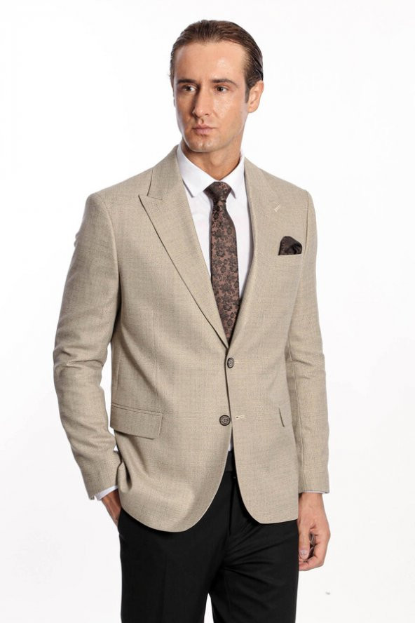 Desenli Slim Fit Krem Erkek Ceket - 3
