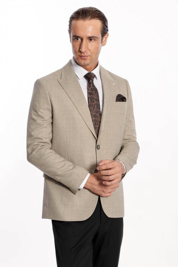 Desenli Slim Fit Krem Erkek Ceket - 5