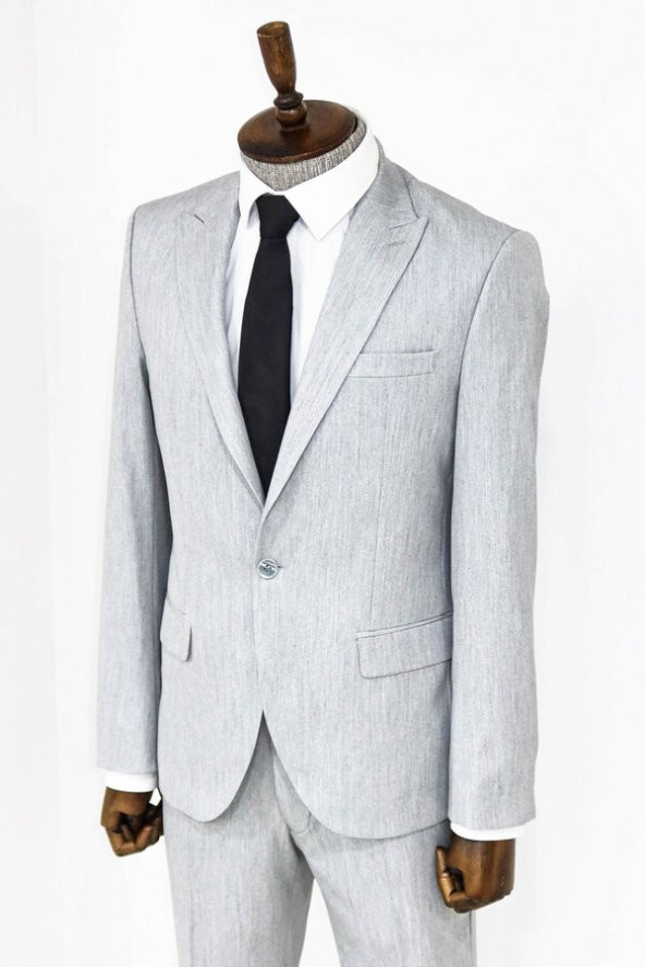 İki Parça Slim Fit Açık Gri Erkek Takım Elbise - 5