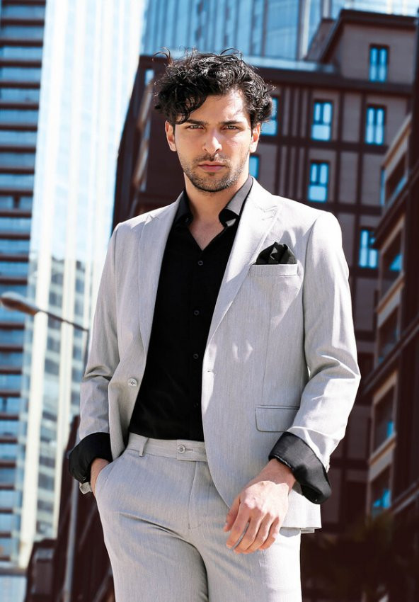 İki Parça Slim Fit Gri Erkek Takım Elbise - 2