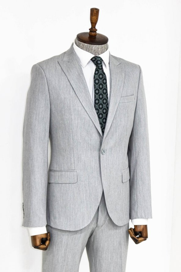 İki Parça Slim Fit Gri Erkek Takım Elbise - 4
