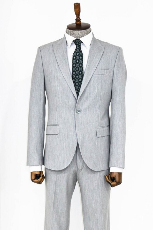 İki Parça Slim Fit Gri Erkek Takım Elbise - 5