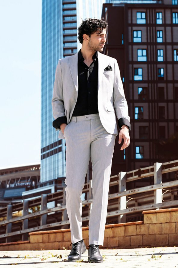 İki Parça Slim Fit Gri Erkek Takım Elbise - 7