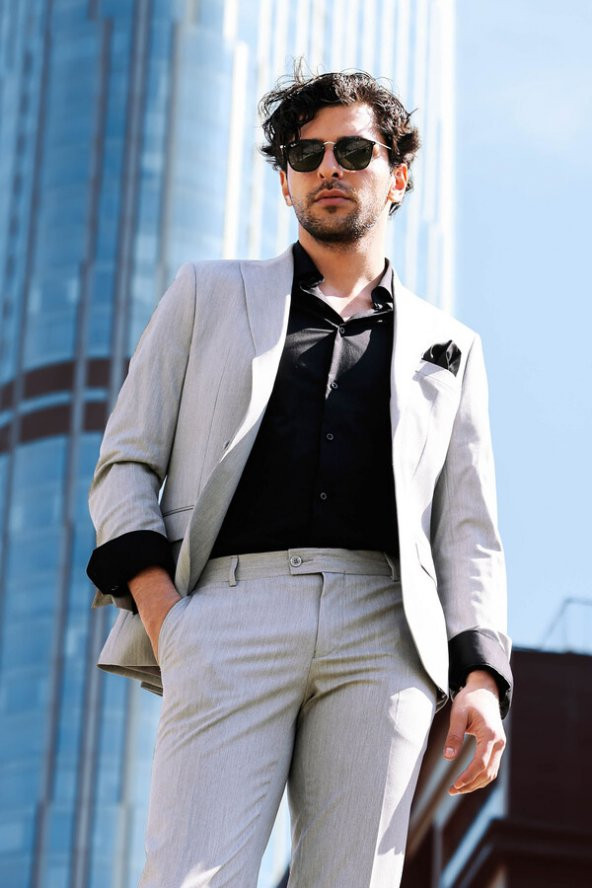 İki Parça Slim Fit Gri Erkek Takım Elbise - 8