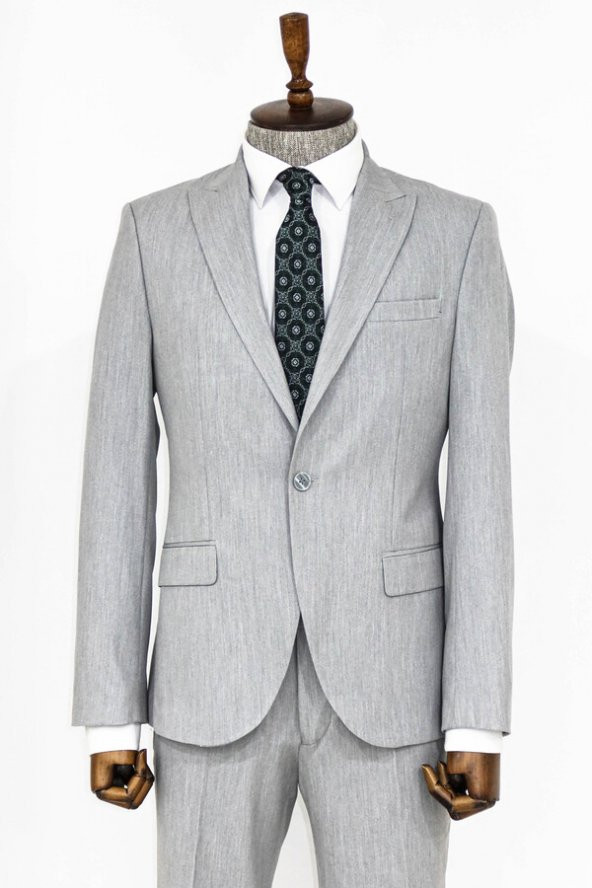 İki Parça Slim Fit Gri Erkek Takım Elbise - 9