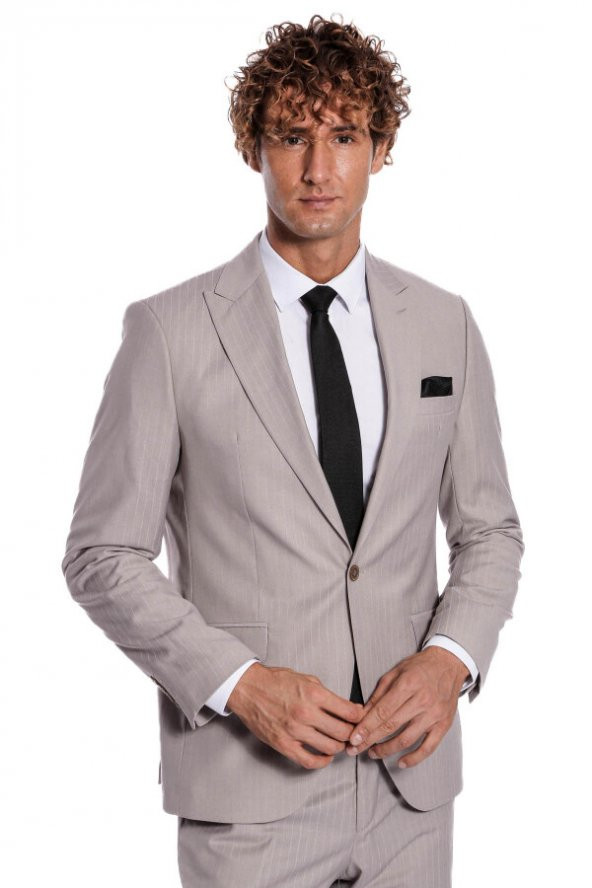 İki Parça Çizgili Slim Fit Gri Erkek Takım Elbise - 5
