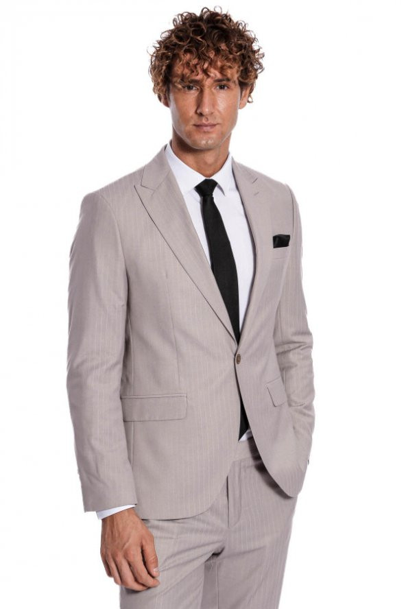 İki Parça Çizgili Slim Fit Gri Erkek Takım Elbise - 7