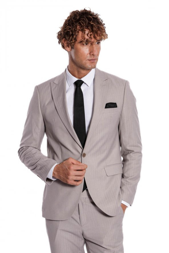 İki Parça Çizgili Slim Fit Gri Erkek Takım Elbise - 6