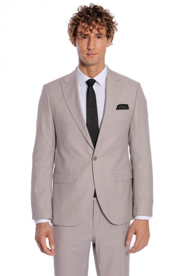 İki Parça Çizgili Slim Fit Gri Erkek Takım Elbise - 9