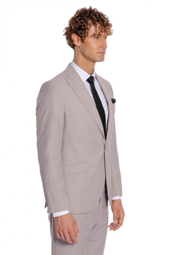 İki Parça Çizgili Slim Fit Gri Erkek Takım Elbise - 10
