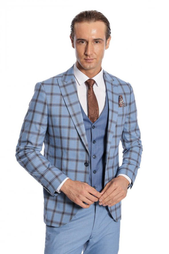 Ekose Ceketli Desenli Slim Fit Mavi Erkek Takım Elbise - 3