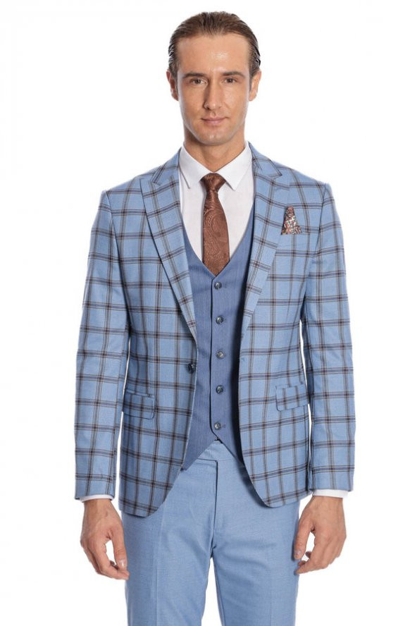 Ekose Ceketli Desenli Slim Fit Mavi Erkek Takım Elbise - 9