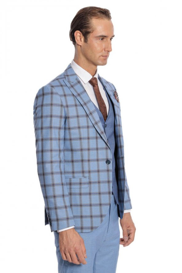 Ekose Ceketli Desenli Slim Fit Mavi Erkek Takım Elbise - 10