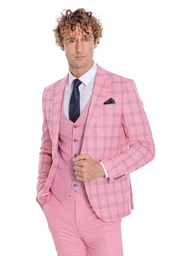 Ekose Ceketli Desenli Slim Fit Pembe Erkek Takım Elbise