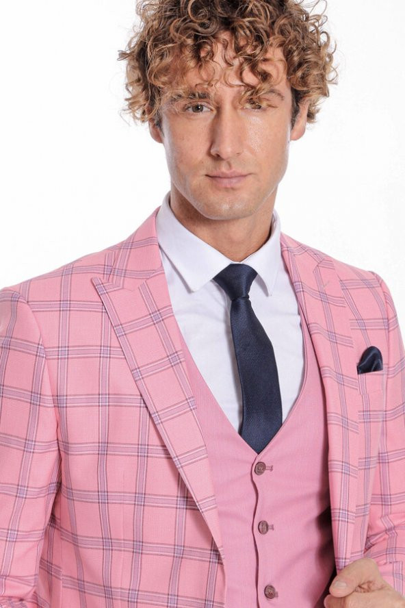 Ekose Ceketli Desenli Slim Fit Pembe Erkek Takım Elbise - 2