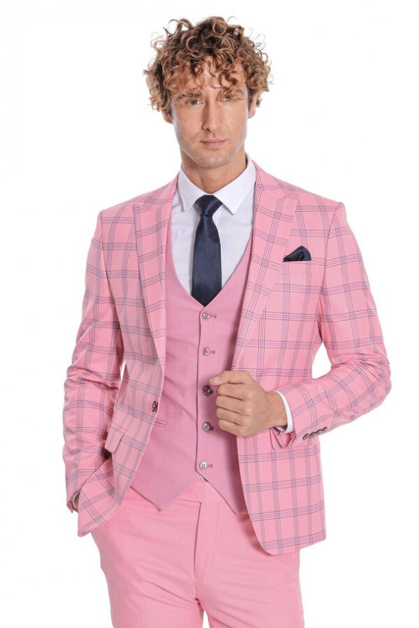 Ekose Ceketli Desenli Slim Fit Pembe Erkek Takım Elbise - 3