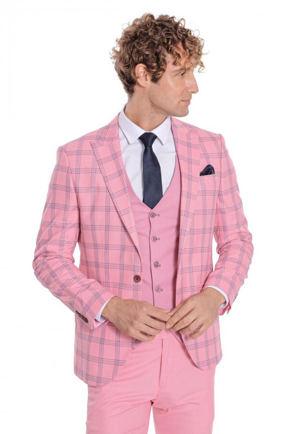 Ekose Ceketli Desenli Slim Fit Pembe Erkek Takım Elbise - 4