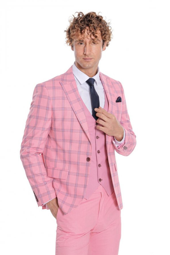 Ekose Ceketli Desenli Slim Fit Pembe Erkek Takım Elbise - 5