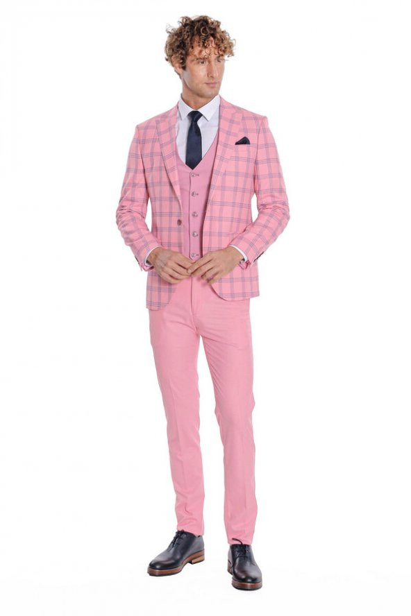 Ekose Ceketli Desenli Slim Fit Pembe Erkek Takım Elbise - 6