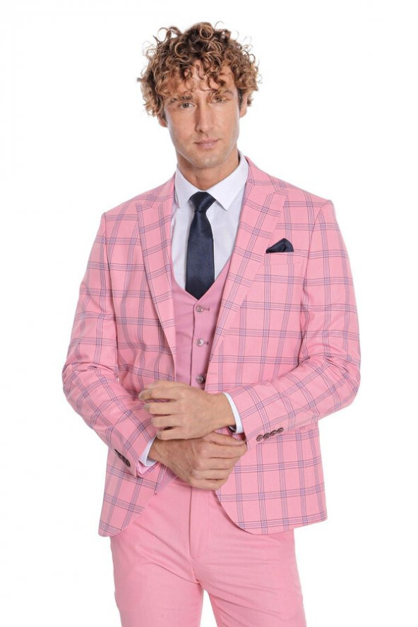 Ekose Ceketli Desenli Slim Fit Pembe Erkek Takım Elbise - 7