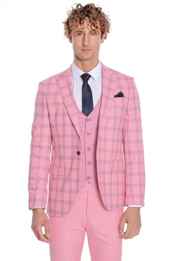 Ekose Ceketli Desenli Slim Fit Pembe Erkek Takım Elbise - 8