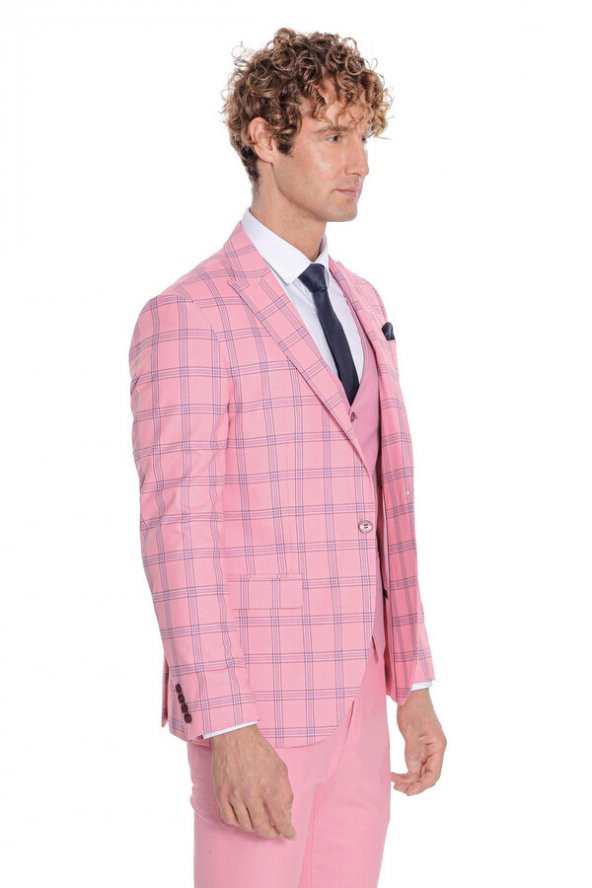 Ekose Ceketli Desenli Slim Fit Pembe Erkek Takım Elbise - 9