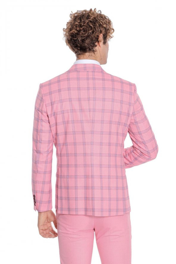 Ekose Ceketli Desenli Slim Fit Pembe Erkek Takım Elbise - 10