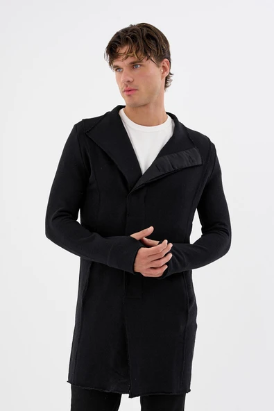 Erkek Regular Fit Asimetrik Ceket Formlu Pamuklu Raw Edge Detaylı Uzun Hırka - 9