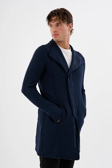 Erkek Regular Fit Asimetrik Ceket Formlu Pamuklu Raw Edge Detaylı Uzun Hırka - 11