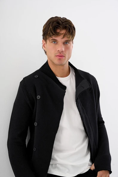 Erkek Regular Fit Asimetrik Ceket Formlu Pamuklu Raw Edge Detaylı Uzun Hırka - 7