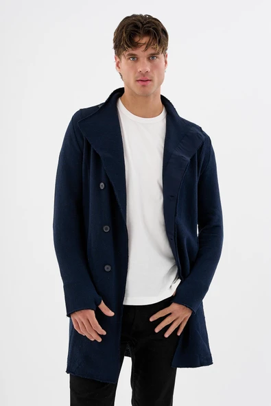 Erkek Regular Fit Asimetrik Ceket Formlu Pamuklu Raw Edge Detaylı Uzun Hırka - 10