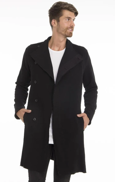 Erkek Regular Fit Asimetrik Ceket Formlu Pamuklu Raw Edge Detaylı Uzun Hırka