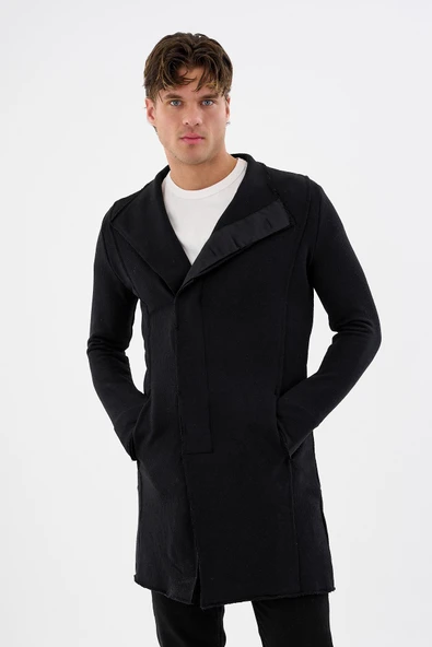 Erkek Regular Fit Asimetrik Ceket Formlu Pamuklu Raw Edge Detaylı Uzun Hırka - 3