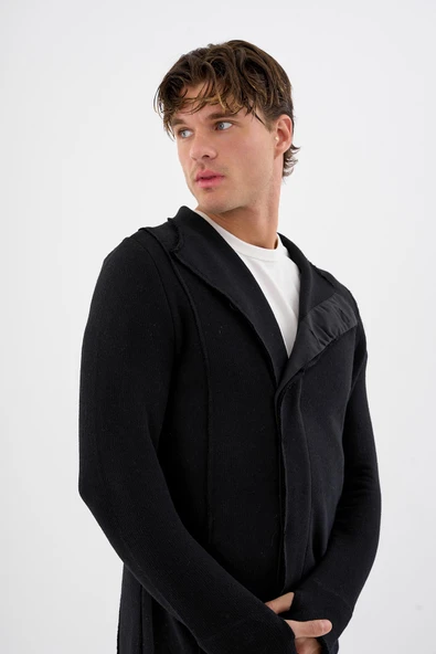 Erkek Regular Fit Asimetrik Ceket Formlu Pamuklu Raw Edge Detaylı Uzun Hırka - 4