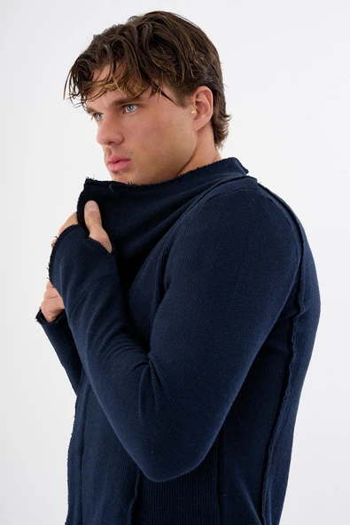 Erkek Regular Fit Asimetrik Ceket Formlu Pamuklu Raw Edge Detaylı Uzun Hırka - 12