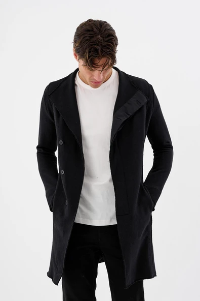 Erkek Regular Fit Asimetrik Ceket Formlu Pamuklu Raw Edge Detaylı Uzun Hırka - 6