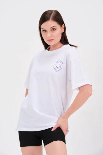 Beyaz Baskılı Oversize T-Shirt