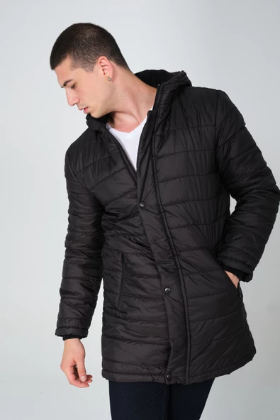 Peluş Astarlı Kapüşonlu Şişme Erkek Mont - 3