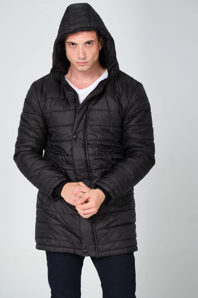 Peluş Astarlı Kapüşonlu Şişme Erkek Mont - 6