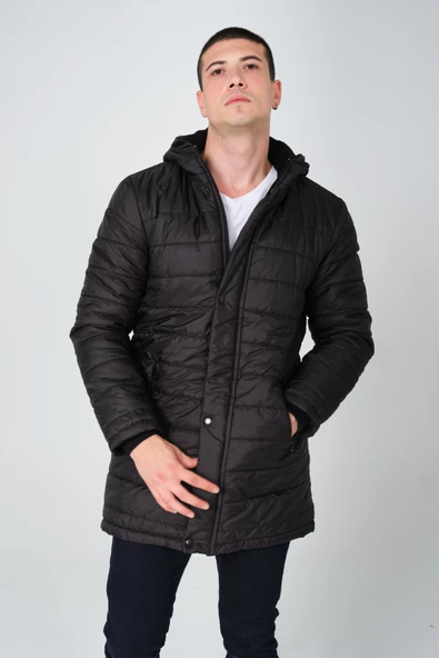 Peluş Astarlı Kapüşonlu Şişme Erkek Mont - 4