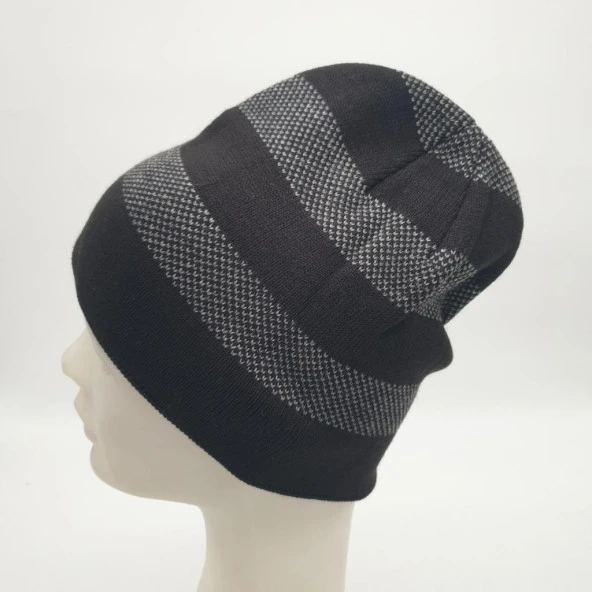 Beyaz Çizgili Siyah Renk Erkek Bere - 2