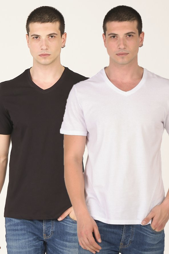 %100 Pamuk Basic 2\'li Erkek T-Shirt Siyah/Beyaz