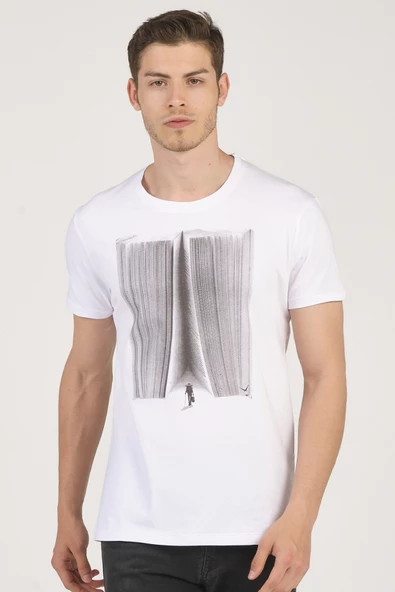 %100 Pamuk Soyut Baskılı Bisiklet Yaka Erkek T-Shirt - 3