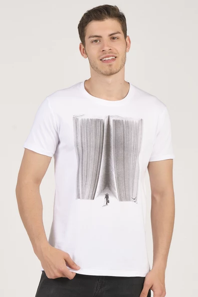%100 Pamuk Soyut Baskılı Bisiklet Yaka Erkek T-Shirt - 10