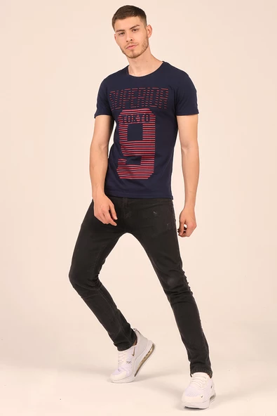 %100 Pamuklu Kabartma Baskılı Bisiklet Yaka Erkek T-Shirt - 3