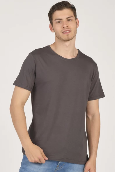 Basic Bisiklet Yaka T-Shirt Füme - 2