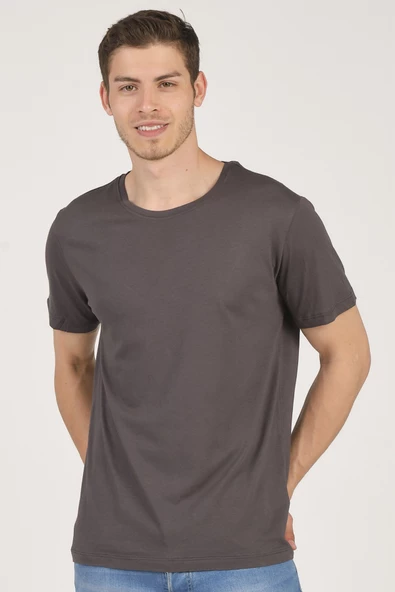 Basic Bisiklet Yaka T-Shirt Füme