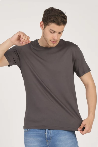 Basic Bisiklet Yaka T-Shirt Füme - 3